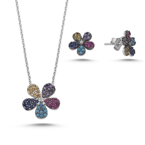 Set argint 925 rodiat cu floricele si zirconii multicolore - Be Nature STU0003 - BeSpecial 9804, 42, Multicolor