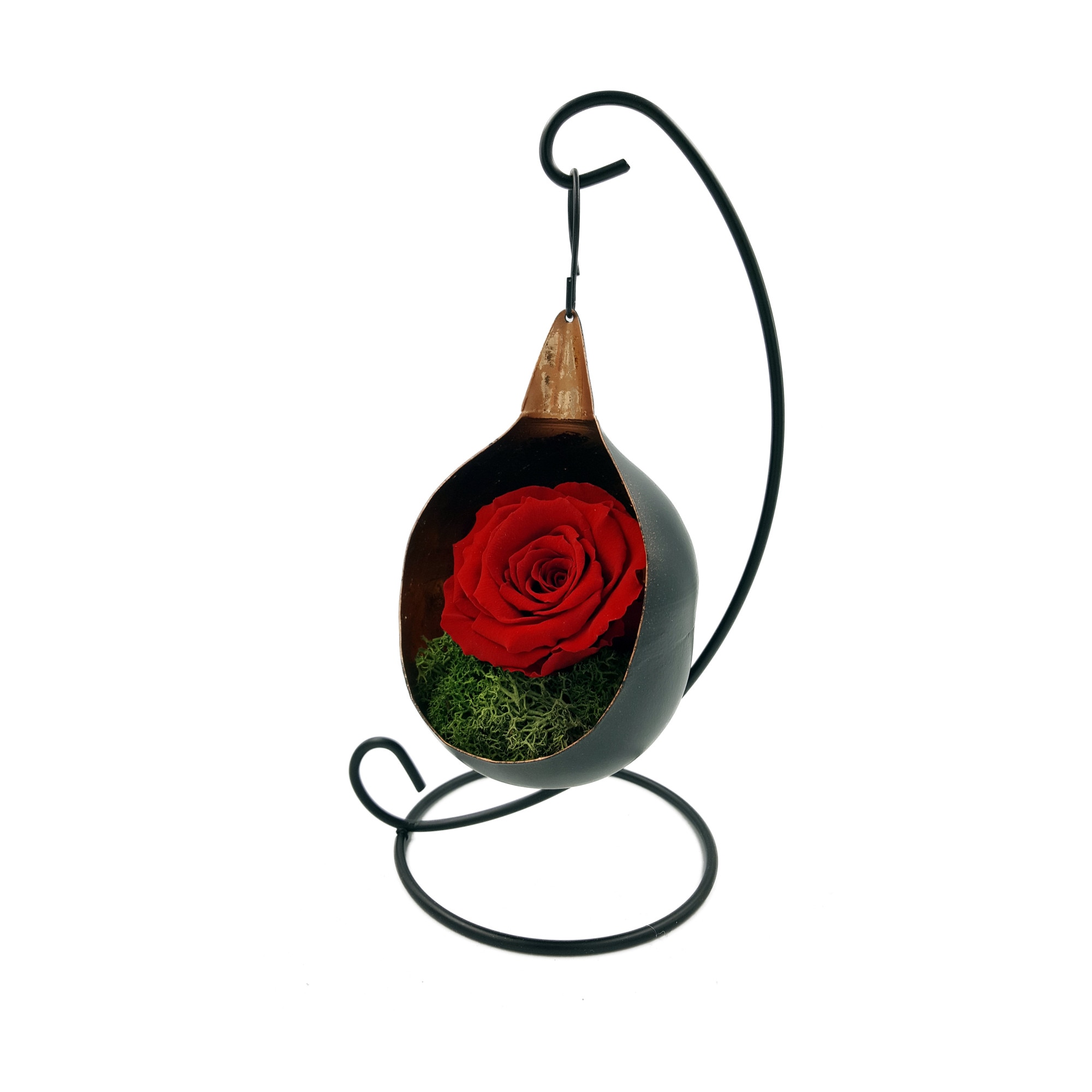 Trandafir Natural Criogenat Wide Flowers, rosu, pe pat de muschi, in fotoliu suspendat