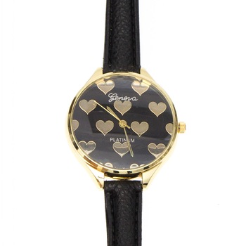 Ceas de dama Gold Hearts, curea neagra din piele ecologica si cadran cu inimioare Ceas de dama Gold Hearts, curea neagra din piele ecologica si cadran cu inimioare