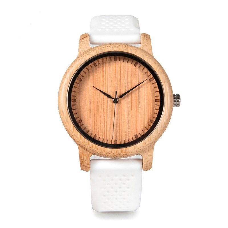 Ceas din bambus Bobo Bird cu curea din silicon alb, B07