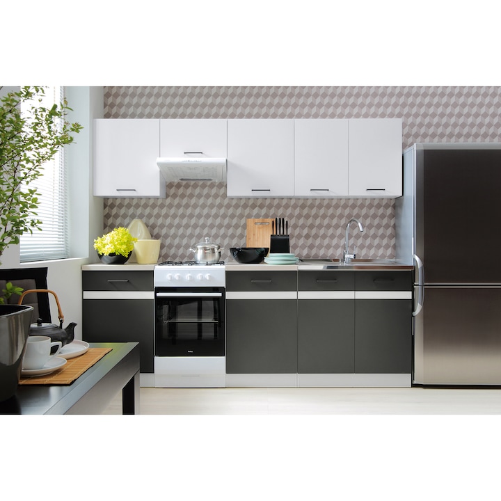 Комплект кухненски мебели Kring ROMA, 240x195,5x60 см, Бял гланц/Сив волфрам