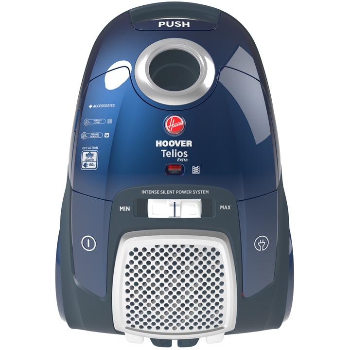 Hoover TX50PET porzsákos porszívó, 550 W, 3.5 literes porzsák, 64 dBA, Mini Turbo PET kisállatszőr eltávolító szívófej, porzsák telítettségjelző, gumírozott kerekek, tengerkék