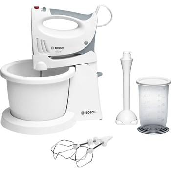 Mixer cu bol Bosch MFQ3561W, 450 W, Bol rotativ, 5 viteze+Turbo, Vas gradat, Alb/Gri Mixer cu bol Bosch MFQ3561W, 450 W, Bol rotativ, 5 viteze+Turbo, Vas gradat, Alb/Gri