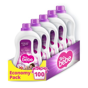 Detergent automat Teo Bebe Cotton Soft, 5X1.1 l, Lavender, 100 spalari Detergent automat Teo Bebe Cotton Soft, 5X1.1 l, Lavender, 100 spalari