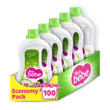 Detergent automat Teo Bebe Cotton Soft, 5X1.1 l, Aloe, 100 spalari Detergent automat Teo Bebe Cotton Soft, 5X1.1 l, Aloe, 100 spalari