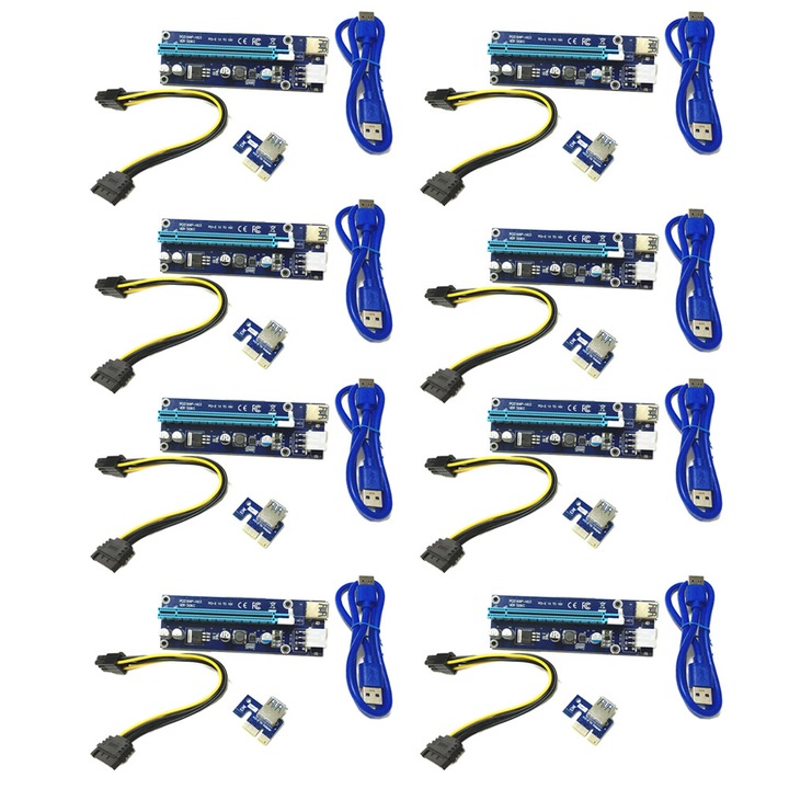 Комплект от 8 Card Riser за копаене PCIE x1-x16, 006c, PCIE 6pin - SATA кабел, USB3.0 кабел 60 см, стабилизатор на напрежението, HOPE R