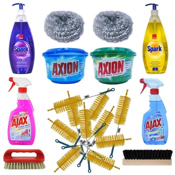 Pachet - 10 x Perie sticla/borcan, 44cm + 2 x Burete sarma + 2 x Axion, 400g (Lemon, Ultra degresant) + Perie covor, 15cm + Perie haine/pantofi, 13.7cm + 2 x Ajax geamuri, 500ml (Optimal 7, Floral fiesta) + 2 x Sano detergent lichid, 1L (Lemon, Lavander) Pachet - 10 x Perie sticla/borcan, 44cm + 2 x Burete sarma + 2 x Axion, 400g (Lemon, Ultra degresant) + Perie covor, 15cm + Perie haine/pantofi, 13.7cm + 2 x Ajax geamuri, 500ml (Optimal 7, Floral fiesta) + 2 x Sano detergent lichid, 1L (Lemon, Lavander)