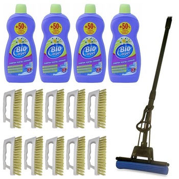 Pachet - 10 x Perie alba cu maner, 15cm + 4 x Biocarpet solutie covoare, 750ml + Mop PVA cu coada telescopica si storcator Pachet - 10 x Perie alba cu maner, 15cm + 4 x Biocarpet solutie covoare, 750ml + Mop PVA cu coada telescopica si storcator