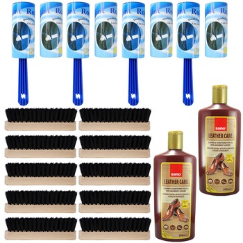 Pachet - 10 x Perie haine/pantofi din lemn natur, 13.7cm + 4 x Rola de scame cu rezerva + 2 x Sano Crema pentru articole din piele Pachet - 10 x Perie haine/pantofi din lemn natur, 13.7cm + 4 x Rola de scame cu rezerva + 2 x Sano Crema pentru articole din piele