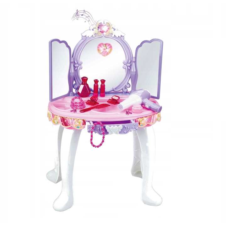 Masuta de Make-Up pentru fetite, melodii Mp3, calitate premium cu lumini si sunete, include scaunel si uscator de par, multiple accesorii 42 x 28 x 68 cm, culoare mov