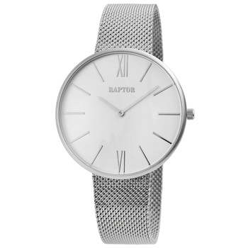 Ceas unisex, Raptor, bratara milaneza impletita, argintiu, cadran alb, carcasa argintie Ceas unisex, Raptor, bratara milaneza impletita, argintiu, cadran alb, carcasa argintie