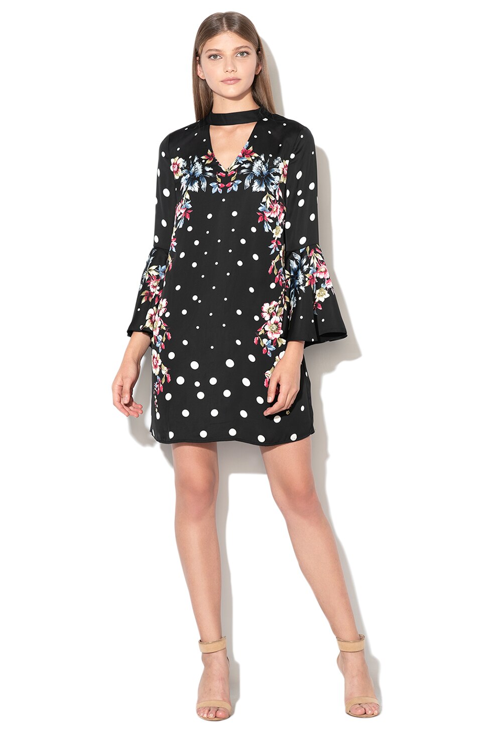 GUESS JEANS, Rochie mini cu imprimeuri diverse si mansete tip clopot, Negru/Alb, XS