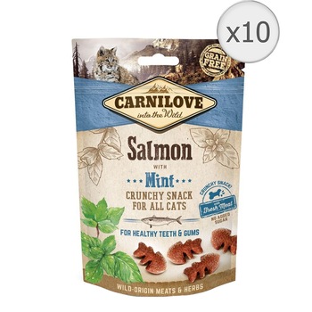 Recompense pentru pisici Carnilove Crunchy Snack, Somon si Menta, 10x50g Recompense pentru pisici Carnilove Crunchy Snack, Somon si Menta, 10x50g