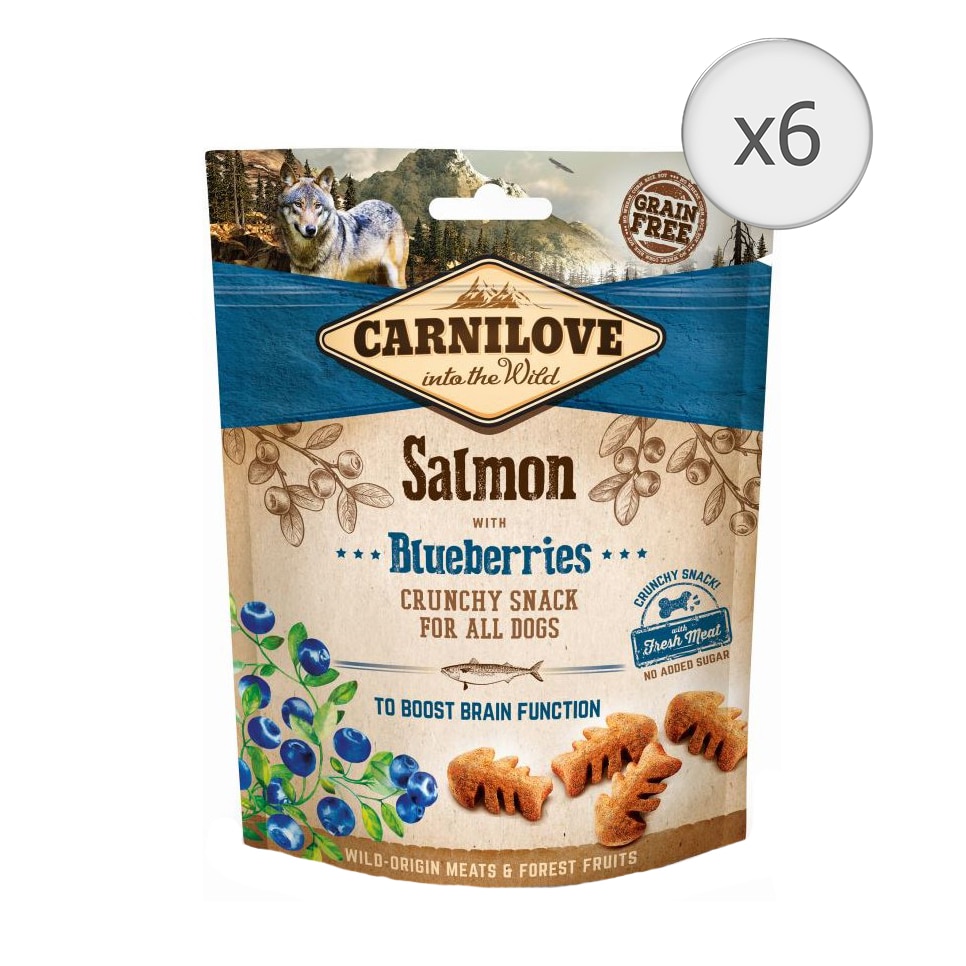 Recompense pentru caini Carnilove Crunchy, Somon si Afine, 6x200g