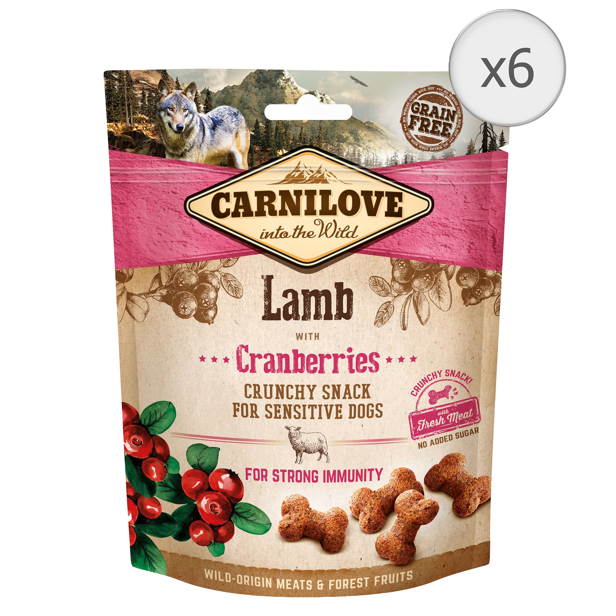 Recompense pentru caini Carnilove Crunchy, Miel si Merisoare, 6x200g