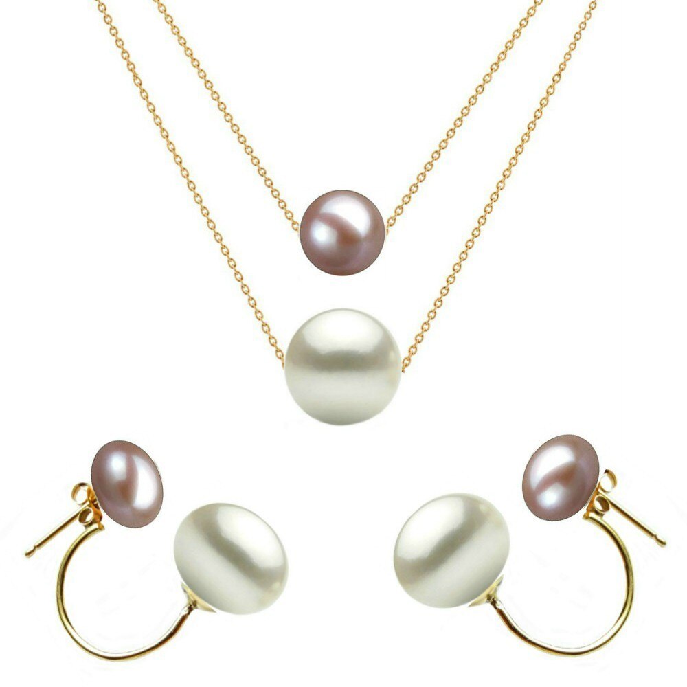 Set Dublu Aur 14 karate si Perle Naturale Premium Lavanda si Albe