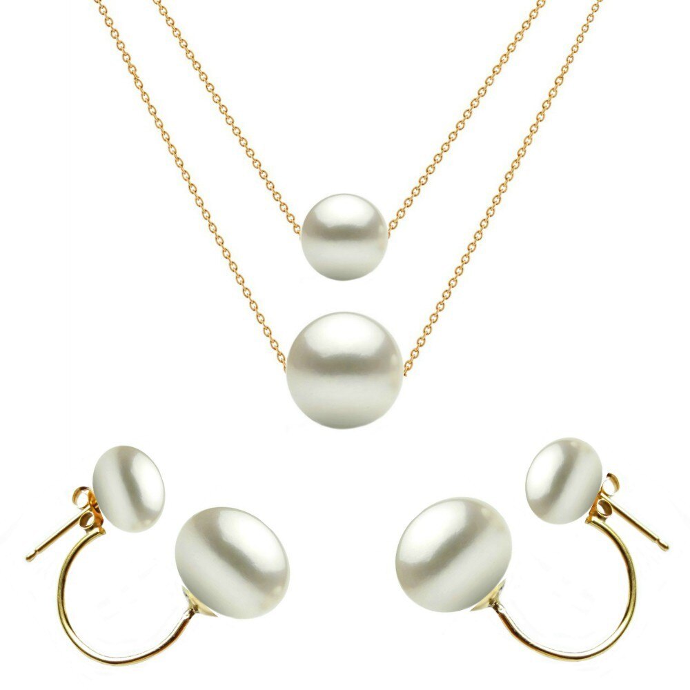 Set Dublu din Aur 14 karate si Perle Naturale Premium Albe