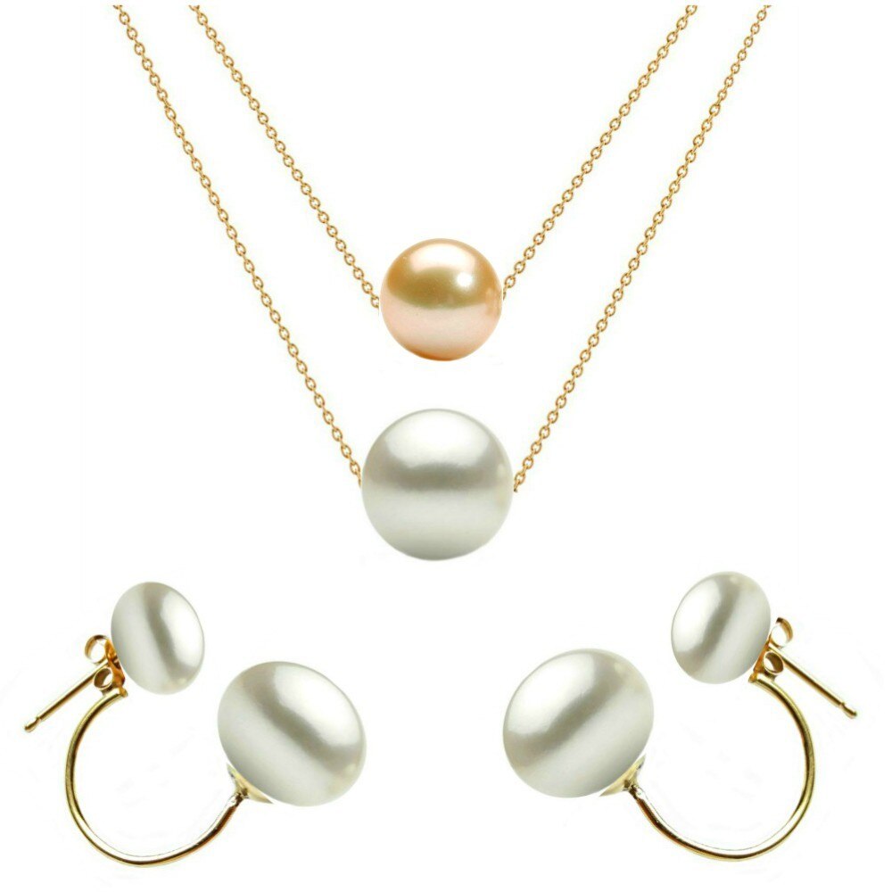 Set Dublu din Aur 14 karate si Perle Naturale Premium Crem si Albe