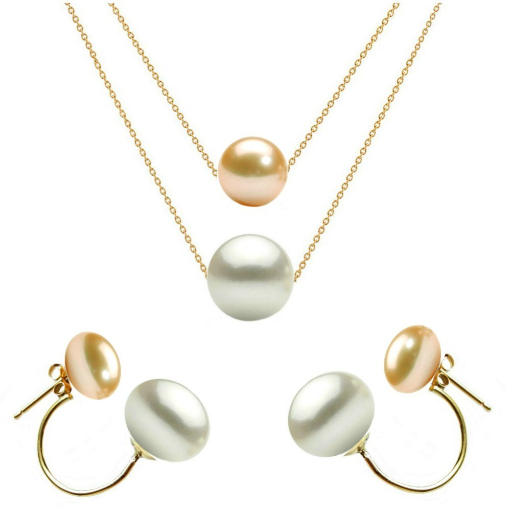 Set Dublu Aur 14 karate si Perle Naturale Premium Crem si Albe