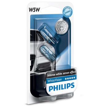 Set 2 Becuri auto Philips T10 White Vision, 12V, 5W Set 2 Becuri auto Philips T10 White Vision, 12V, 5W