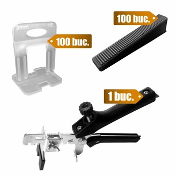 Set START 1.5 mm (100+100+1)-100 clipsuri nivelare gresie, 100 pene si 1 cleste metalic gama Smart Leveling Set START 1.5 mm (100+100+1)-100 clipsuri nivelare gresie, 100 pene si 1 cleste metalic gama Smart Leveling