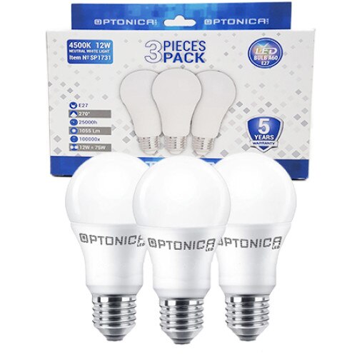 Set 3 becuri LED 12W (75W), OptonicaLED, E27, lumina neutra, 4500K, 1055lumeni