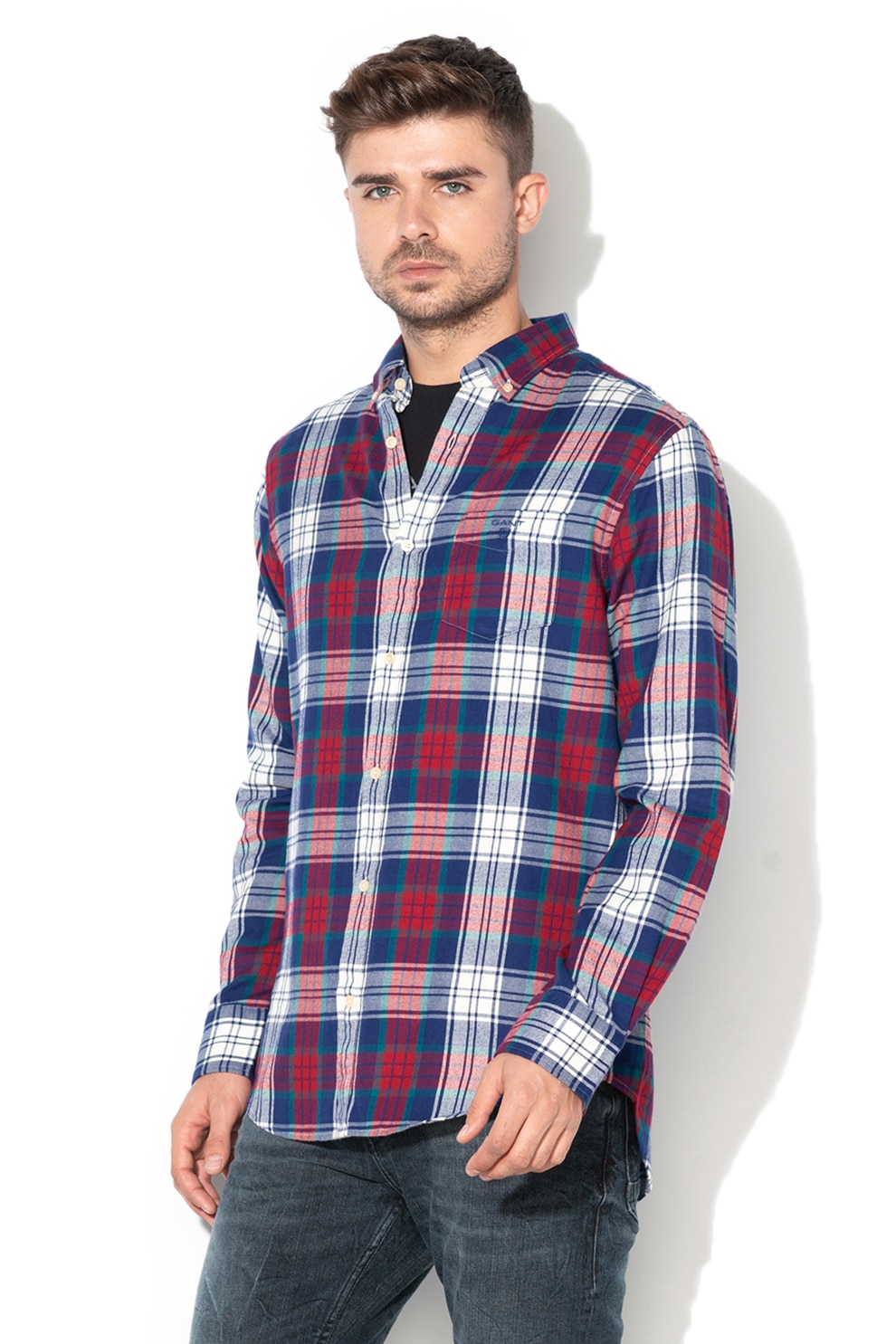 Gant, Camasa regular fit cu model in carouri Windblown, Albastru/Rosu