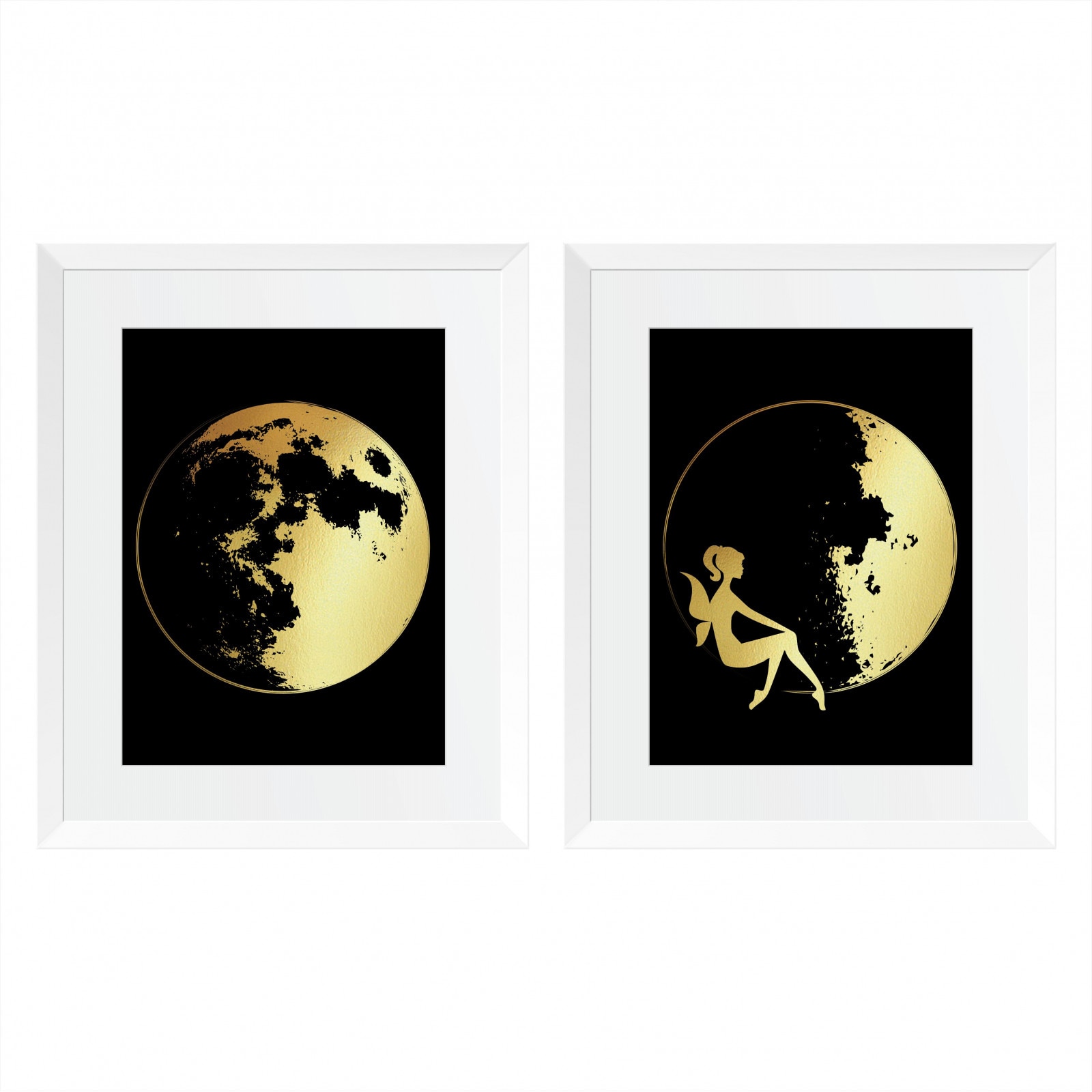 Pachet cadou - Set 2 tablouri, Luna, Astru ceresc, colaj manual auriu stralucitor, 24X30cm/buc