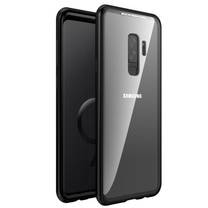 Husa compatibila cu Samsung Galaxy S9 - Cadru metalic cu magneti de prindere, spate din sticla securizata, neagra