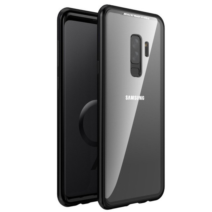 Кейс съвместим с Samsung Galaxy S9 - Метална рамка с магнити, гръб от безопасно стъкло, черен