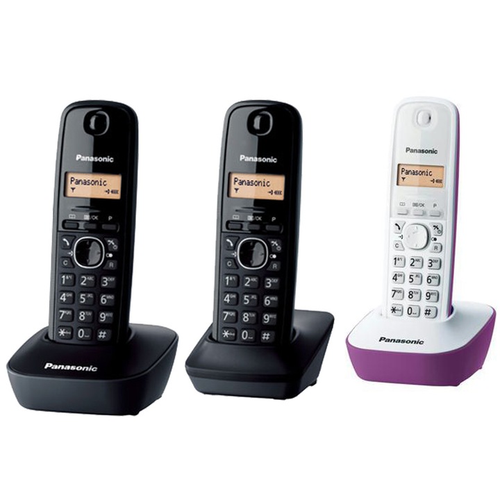 Panasonic KX-TG1612FXH + KX-TG1611FXF DECT vezeték nélküli telefon, Hívófél-azonosító, 3 kézibeszélő, Fekete/ Fehér/ Lila