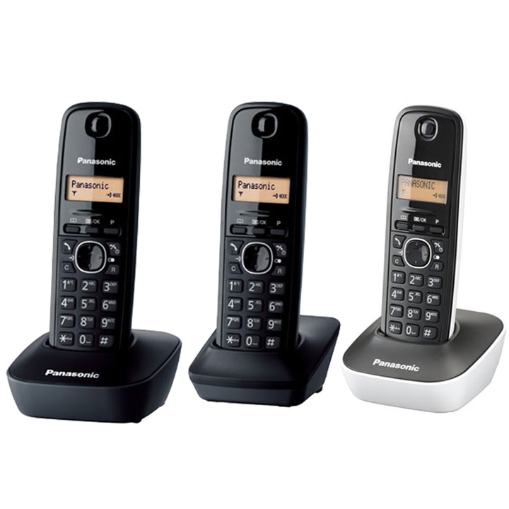 Telefon fara fir DECT Panasonic KX-TG1612FXH + KX-TG1611FXW, Caller ID, 3 receptoare, Negru/ Alb