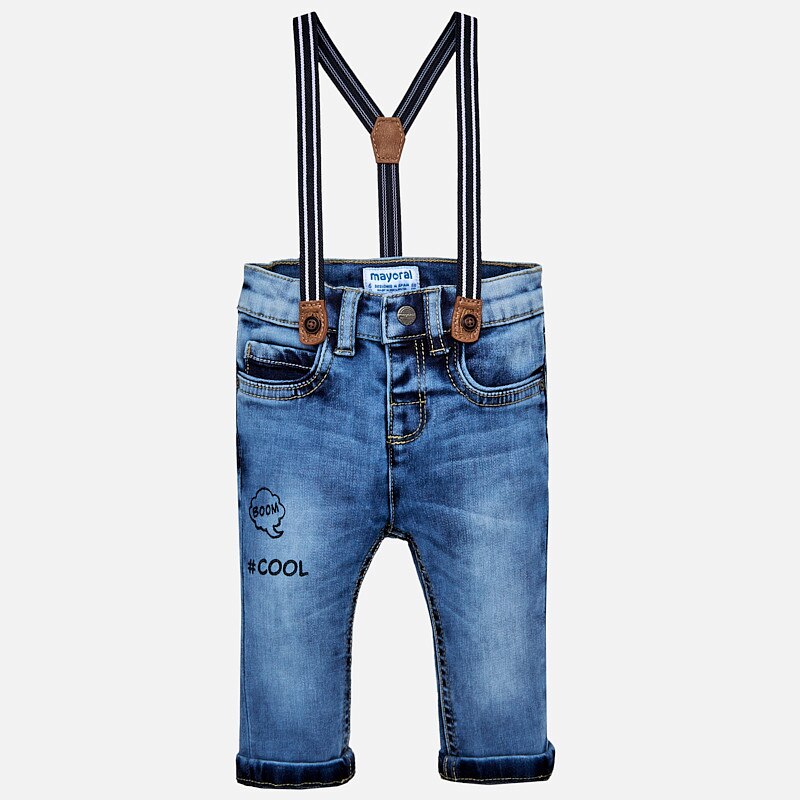 Pantaloni denim cu bretele bebe baiat Slim fit, Mayoral, Albastru denim, Albastru, 86 CM