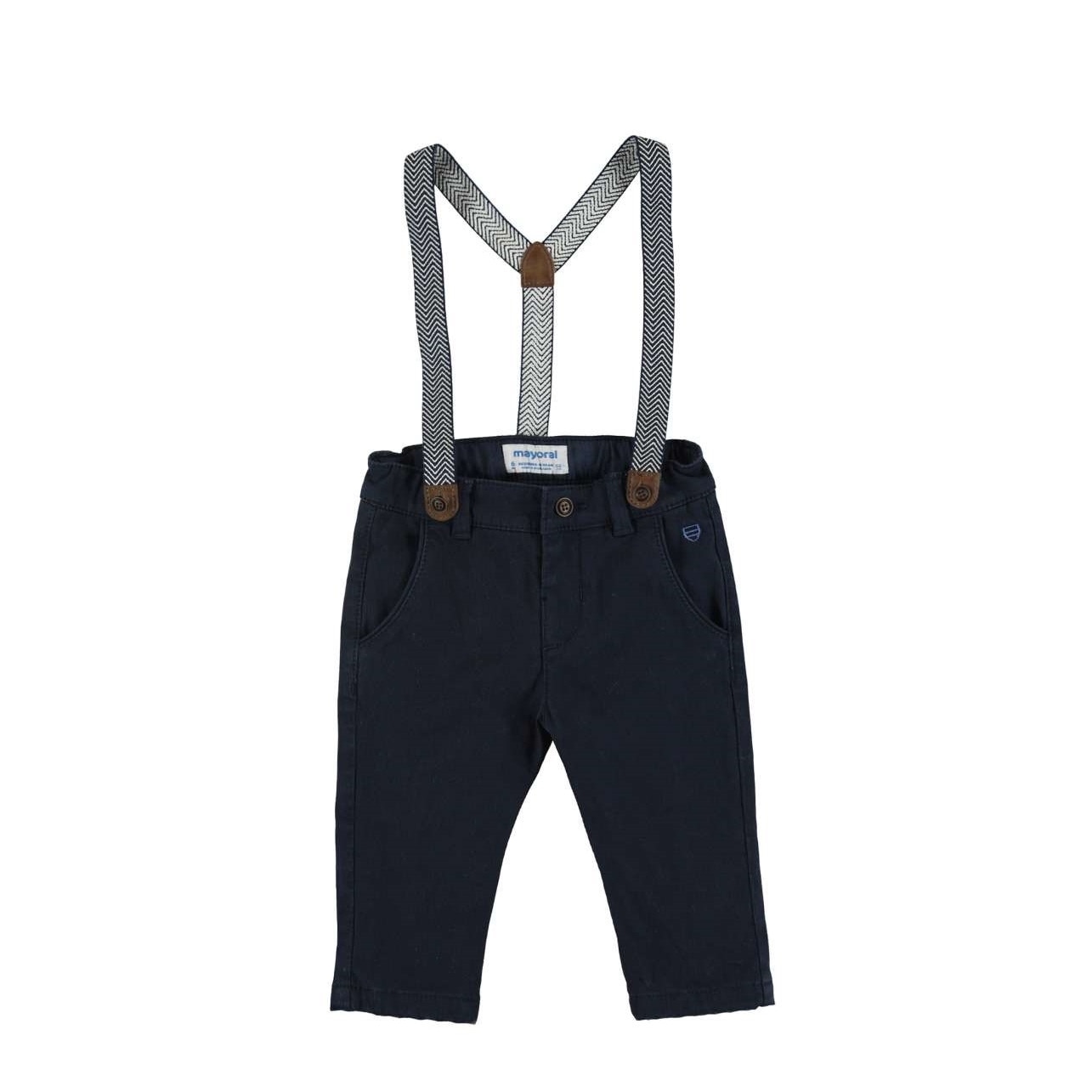 Pantaloni chino Mayoral Slim Fit cu bretele pentru bebe baiat, Albastru marin