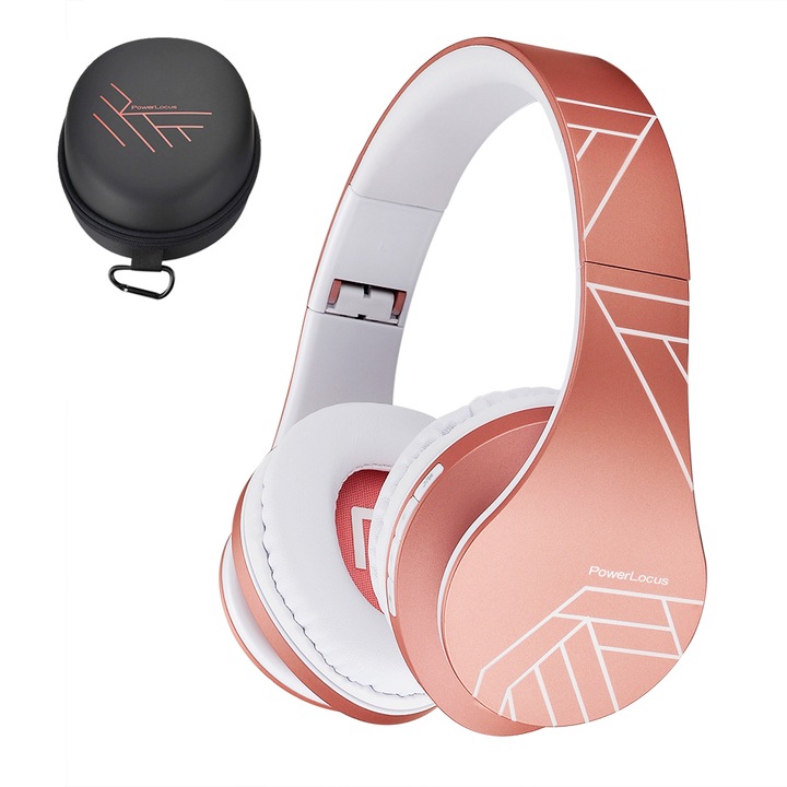 Bluetooth Слушалки, PowerLocus Over-Ear Сгъваеми Безжични Слушалки с опция за AUX режим, Micro SD/TF , FM за iPhone, Android, Laptop, PC, Розово Злато