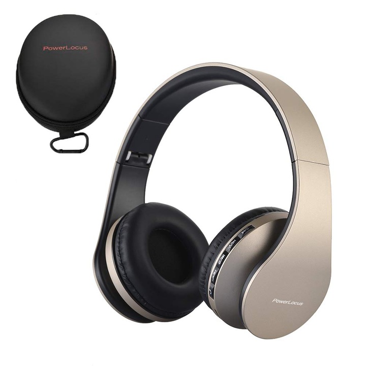 Casti Wireless Over-Ear PowerLocus P1, HD Stereo Pliabile, Bluetooth 5.3 cu optiune AUX, Micro SD / TF, FM Microfon Incorporat pentru iPhone, Android, Laptop, PC, Aur