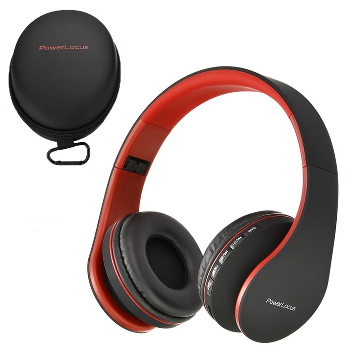 Casti Wireless Over-Ear PowerLocus P1, HD Stereo Pliabile, Bluetooth 5.3 cu optiune AUX, Micro SD / TF, FM Microfon Incorporat pentru iPhone, Android, Laptop, PC, Negru/Rosu