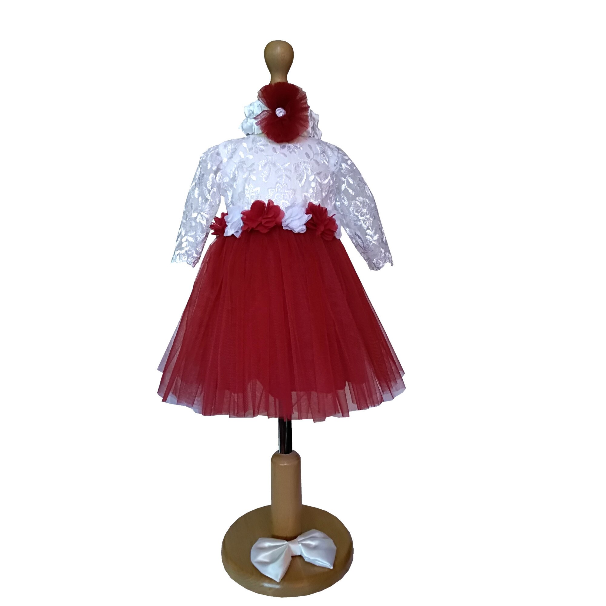 Rochie botez Bordeaux / Alb maneca lunga PTK 9-12 luni