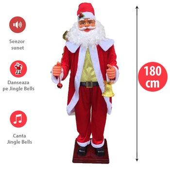 Mos Craciun Urias 180 cm, canta si danseaza, cu sac de cadouri si clopotel Mos Craciun Urias 180 cm, canta si danseaza, cu sac de cadouri si clopotel