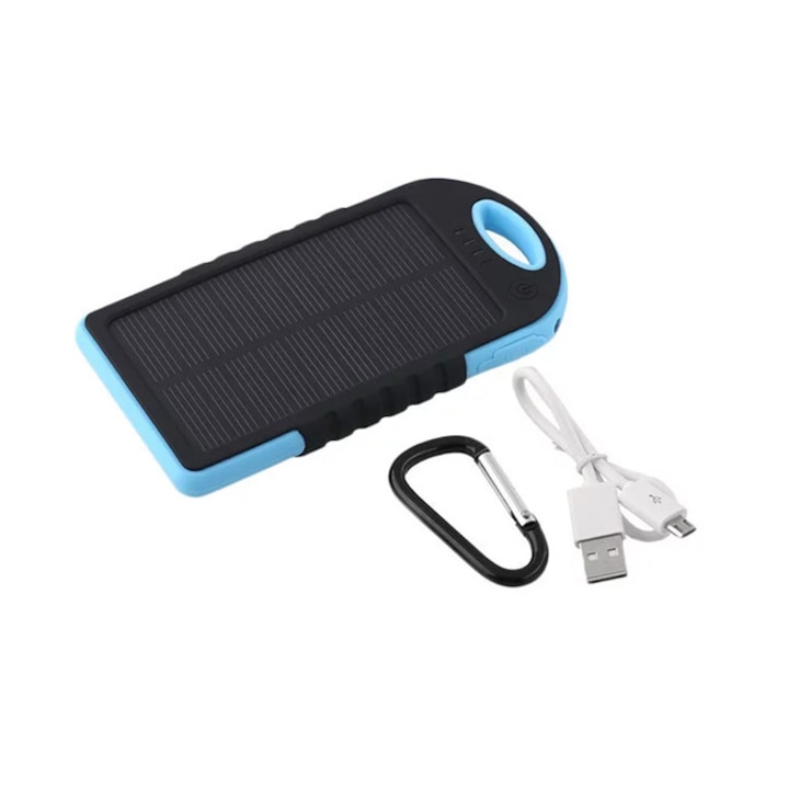 Външна батерия Soundvox™, 5000 mAh, Соларна, Удароустойчива, Водоустойчива, 1.2 W, USB конектор, Iphone, Iphone 4/4s, Черна/Синя