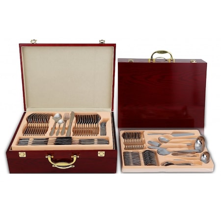 Set tacamuri 84 piese Bohmann, din otel inoxidabil, Auriu, cutia din lemn, BP-A84-GM