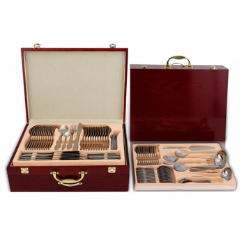 Set tacamuri 84 piese Zephyr din otel inoxidabil, Auriu, cutia din lemn Set tacamuri 84 piese Zephyr din otel inoxidabil, Auriu, cutia din lemn