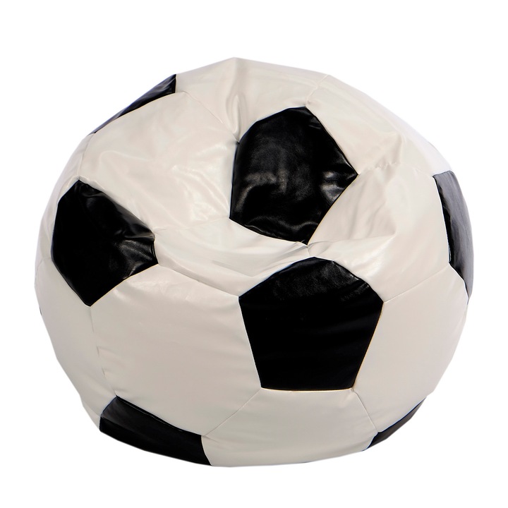 Fotoliu sac tip minge Euroball, Alb cu negru, piele ecologica, QMOBILI