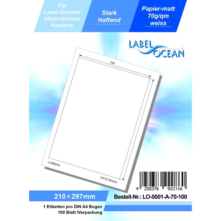 LabelOcean öntapadó címkék, A4-es lap, méretek 210x297 mm, 100 lap