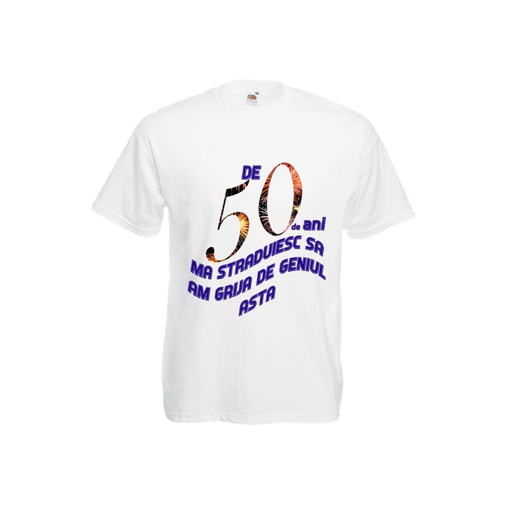 Tricou personalizat Fruit of the loom barbat geniu 50 ani alb S