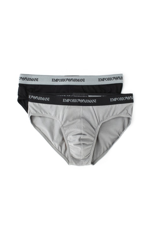 Emporio Armani Underwear, Set de chiloti cu banda logo in talie - 2 perechi, Negru/Gri