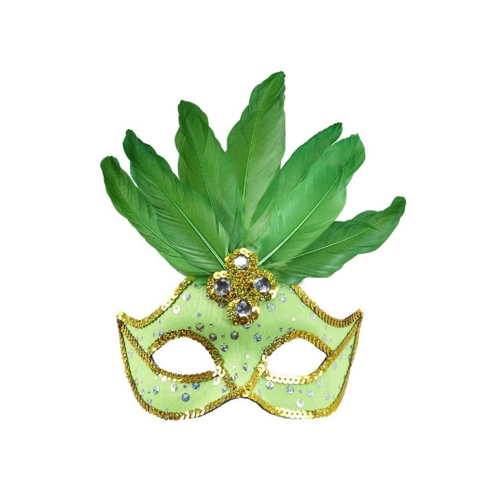 Neonzöld brazil karneváli szemmaszk, flitterekkel, és tolldísszel