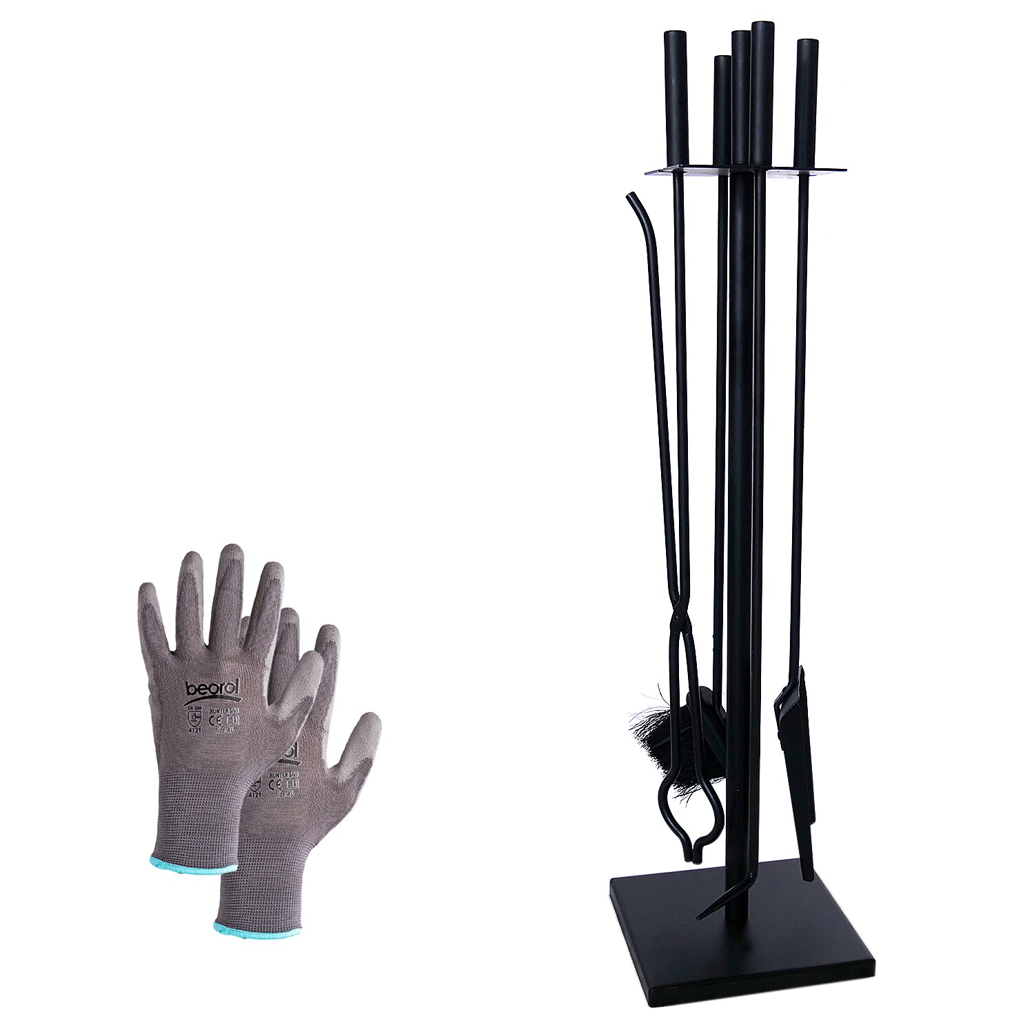 Set 4 piese negre, accesorii intretinere semineu, soba +manusi