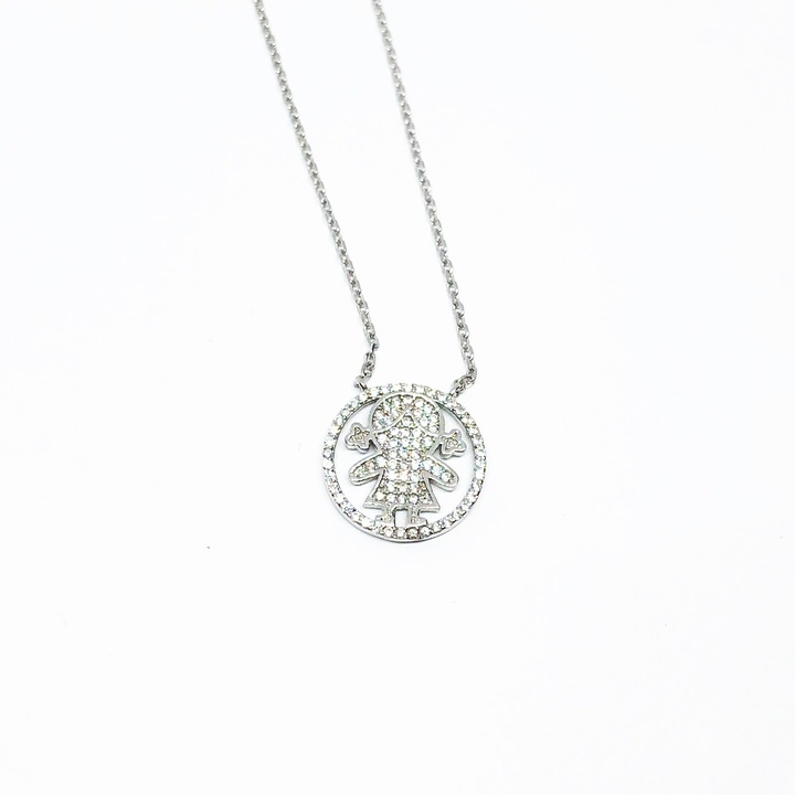 Colier din argint rodiat cu aspect de aur alb, simbol fetita, zirconiu alb, lungime 40 +2 cm