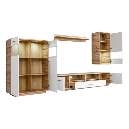 Living Kring Milano cu lumini, 338 x 195 x 40 cm, Stejar/Alb Lucios